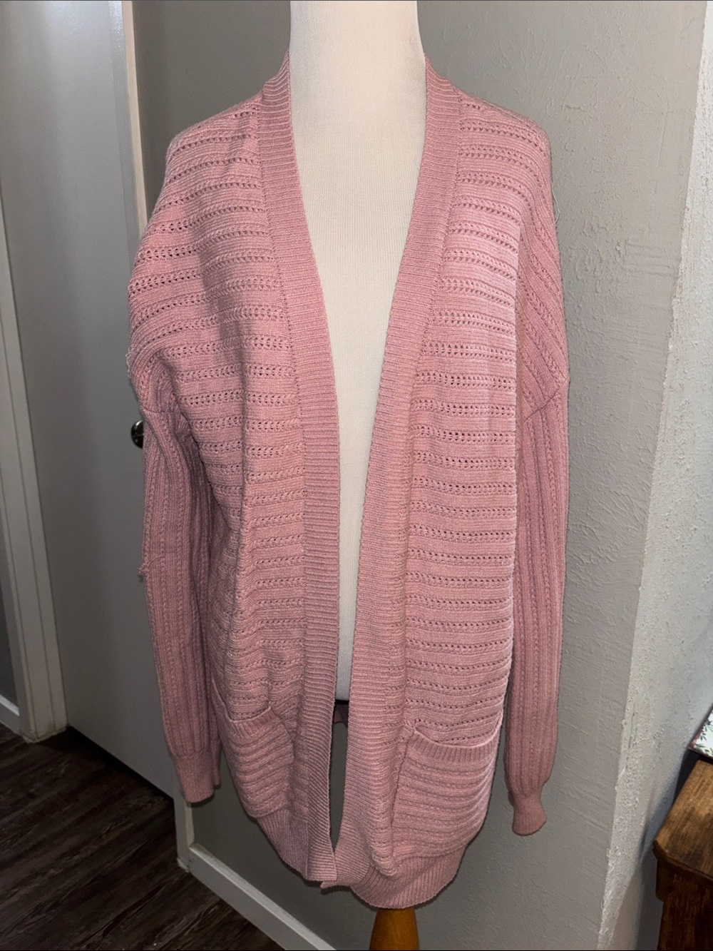 Women's Open-Front Pink Knit Cardigan Sweater